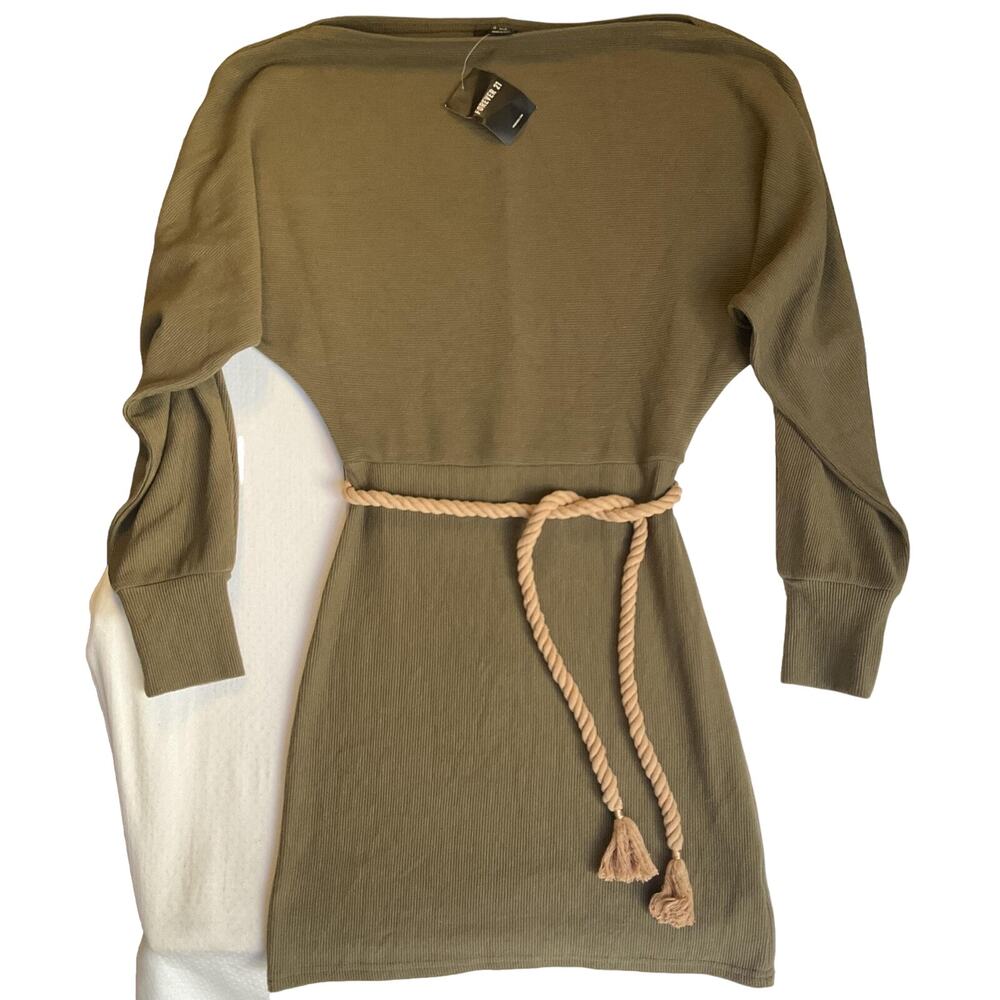Forever 21 Women Dress S Olive Sweater Dress Belted Ribbed LongSleeve Kneelength